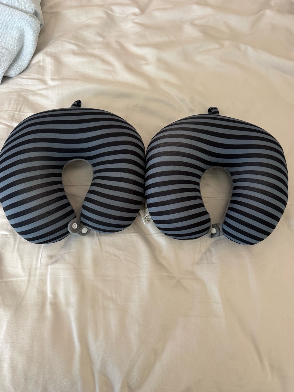 Set of 2 Daiso Japan Travel Neck Pillows - Matching Grey Striped Microbead
